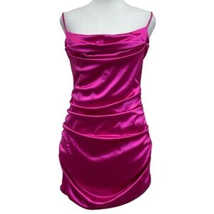 Lucy in the Sky Fuchsia Pink Satin Cowl Neck Ruched Bodycon Mini Dress